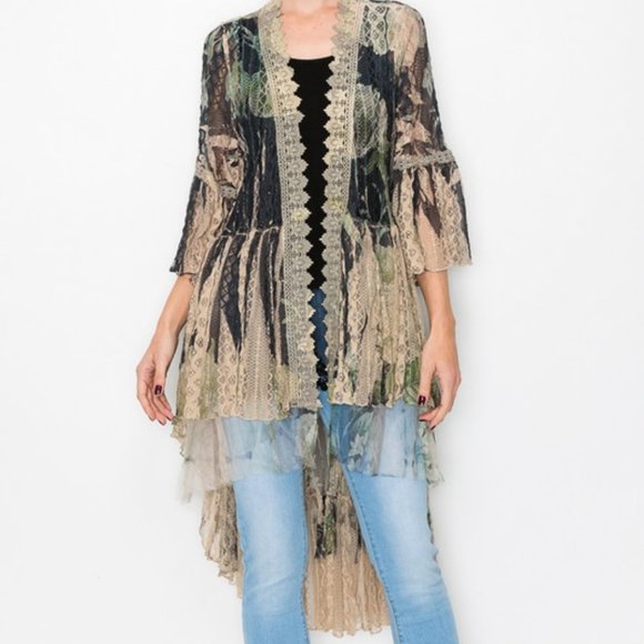 NEW ORIGAMI FLORIDA GRN ALL LACE  sexy BOHO DUSTER KIMONO CARDIGAN western SM-4X - Picture 1 of 9